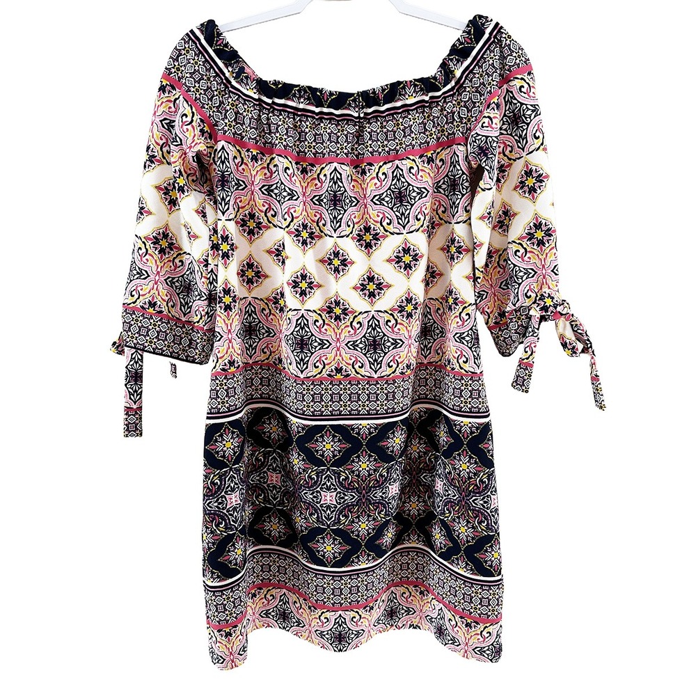 VINCE CAMUTO Floral Off Shoulder 3/4 Sleeve Shift‎ Dress • 8 • cream, pink, blue